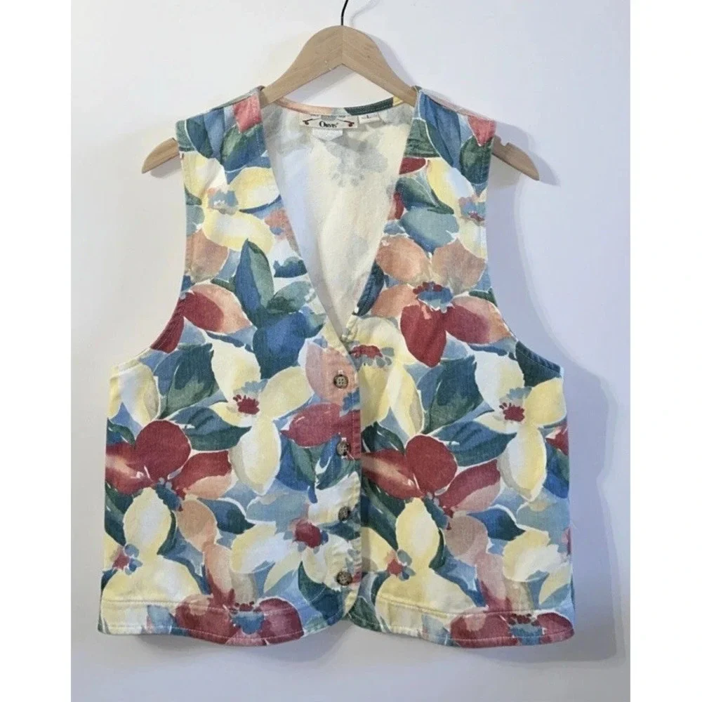 Women's Vintage ORVIS Denim Floral Print Cottagecore Button Front Vest‎ Large EC
